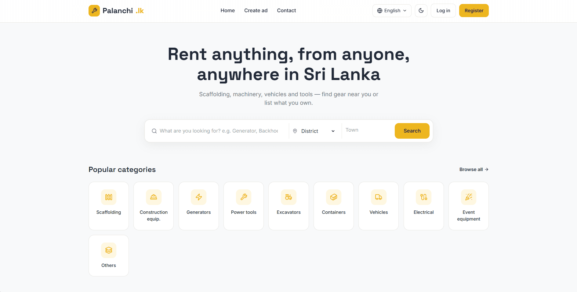 Palanchi.lk home page with rental categories