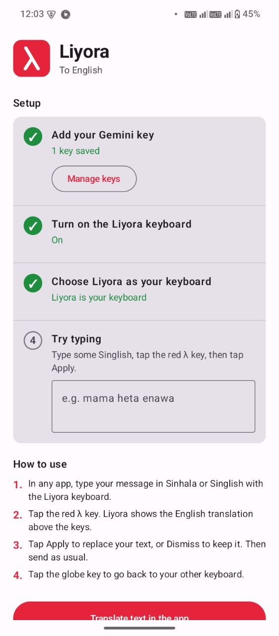 Liyora home screen with setup status