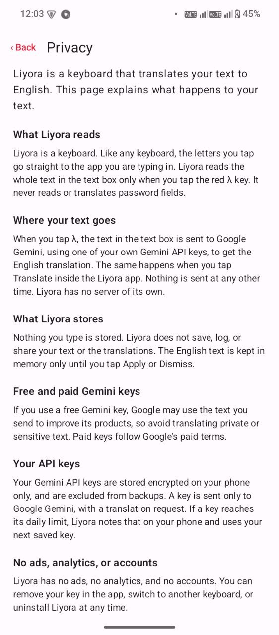 Liyora — Type in any language. Tap λ. Get English.